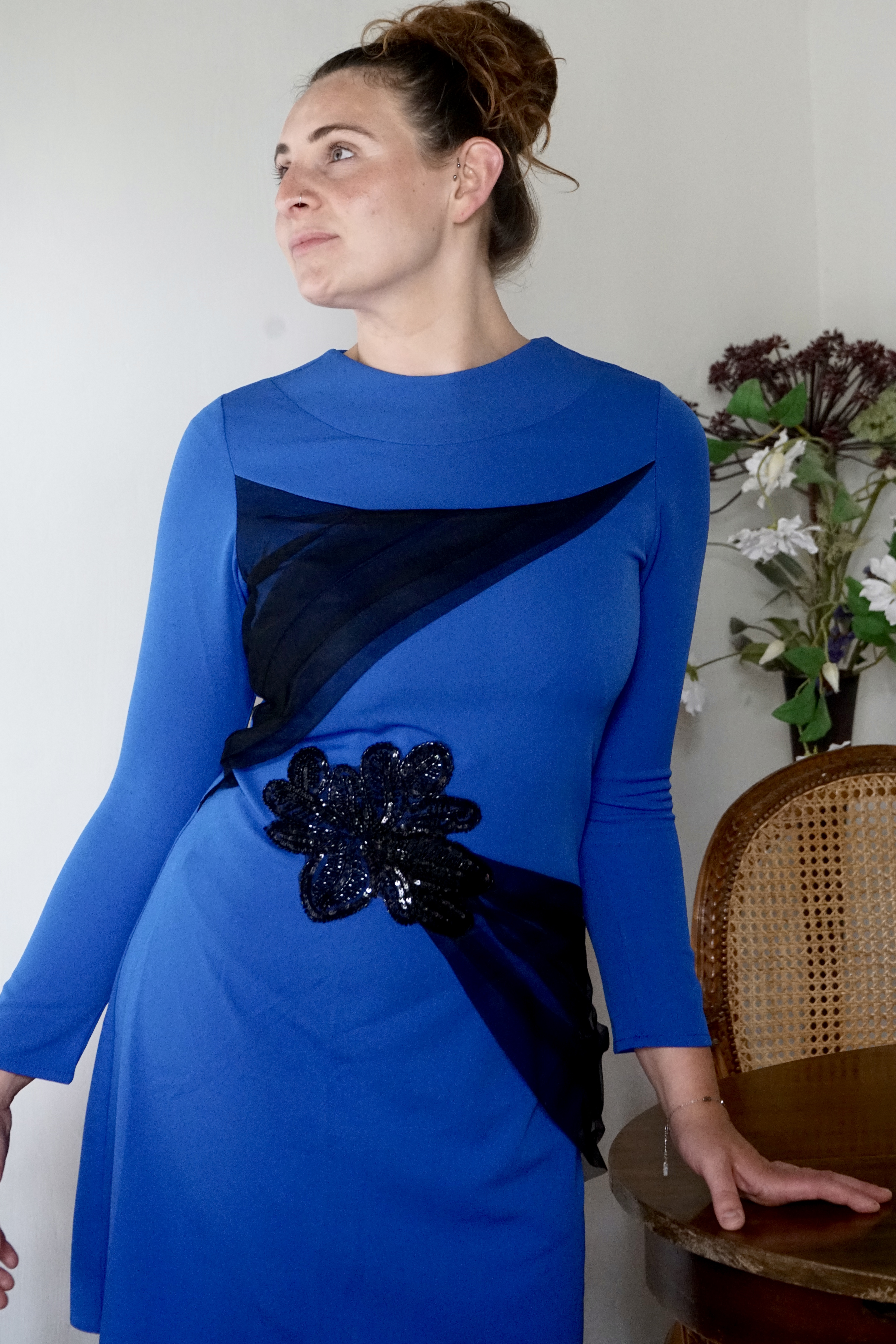 Front showing details of blue evening dress